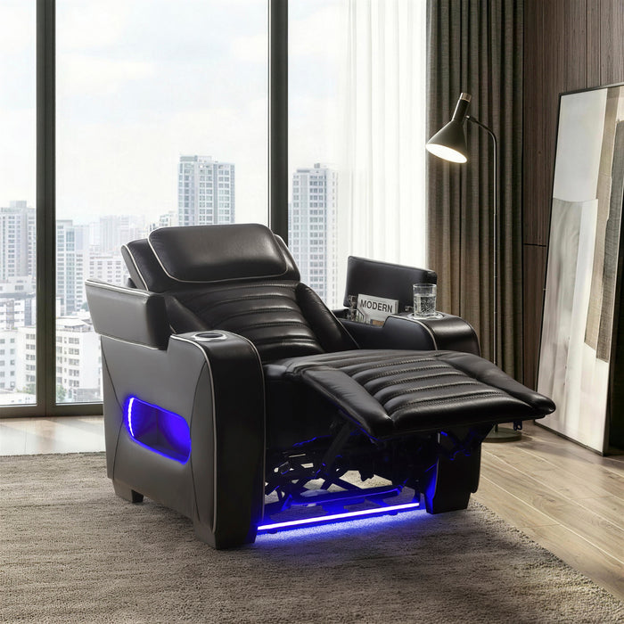 OakvillePark Elantra Leather Power Recliner with Power Headrest, Cup holder, Storage Arms(Top and Side), Air Massage, Heat, LED Lighting and Charging Ports