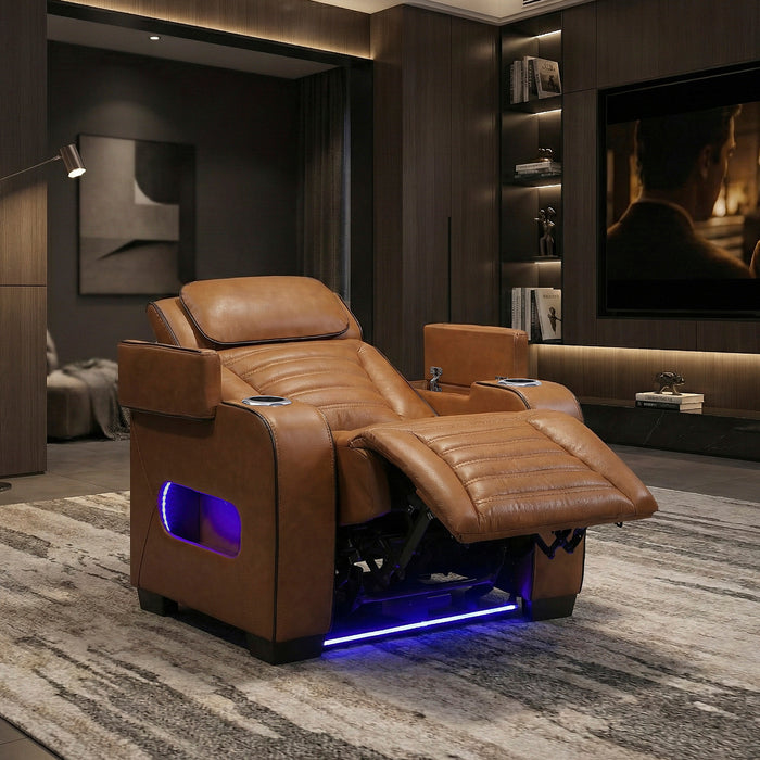 OakvillePark Elantra Leather Power Recliner with Power Headrest, Cup holder, Storage Arms(Top and Side), Air Massage, Heat, LED Lighting and Charging Ports